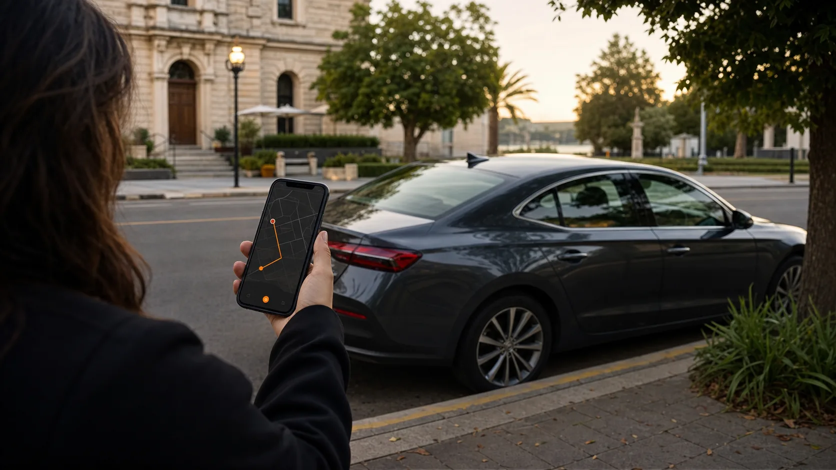 ORide rider checking a route on a phone beside a parked car in Mount Gambier